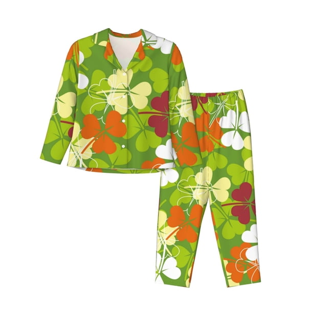 Fotbe St. Patrick's Day3 Conjunto de Pijama de Manga Larga para Mujer con Estampado, Ropa de Dormir de 2 Piezas, Conjunto de Casa Suave y Cómodo con Bolsillos-Medium