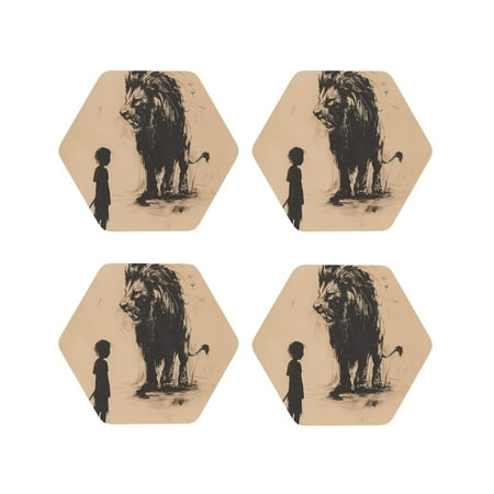 

Matuu Child And Lion Sketch for Cup Coasters Set of 4 Leather Coasters Desk Coasters for Office Measures 4” x 4”-Hexagon