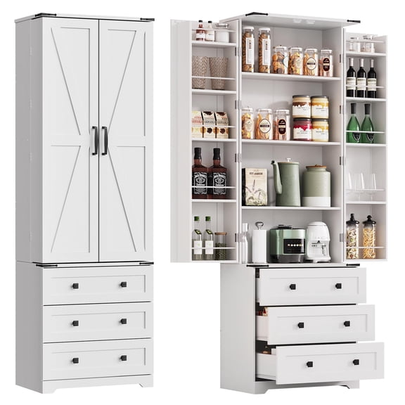 White 72'' Tall Kitchen Pantry Cabinet, Freestanding Tall Cupboard Storage Cabinet with 3 Drawers, Adjustable Shelves, Large Farmhouse Pantries for Living Room, Kitchen