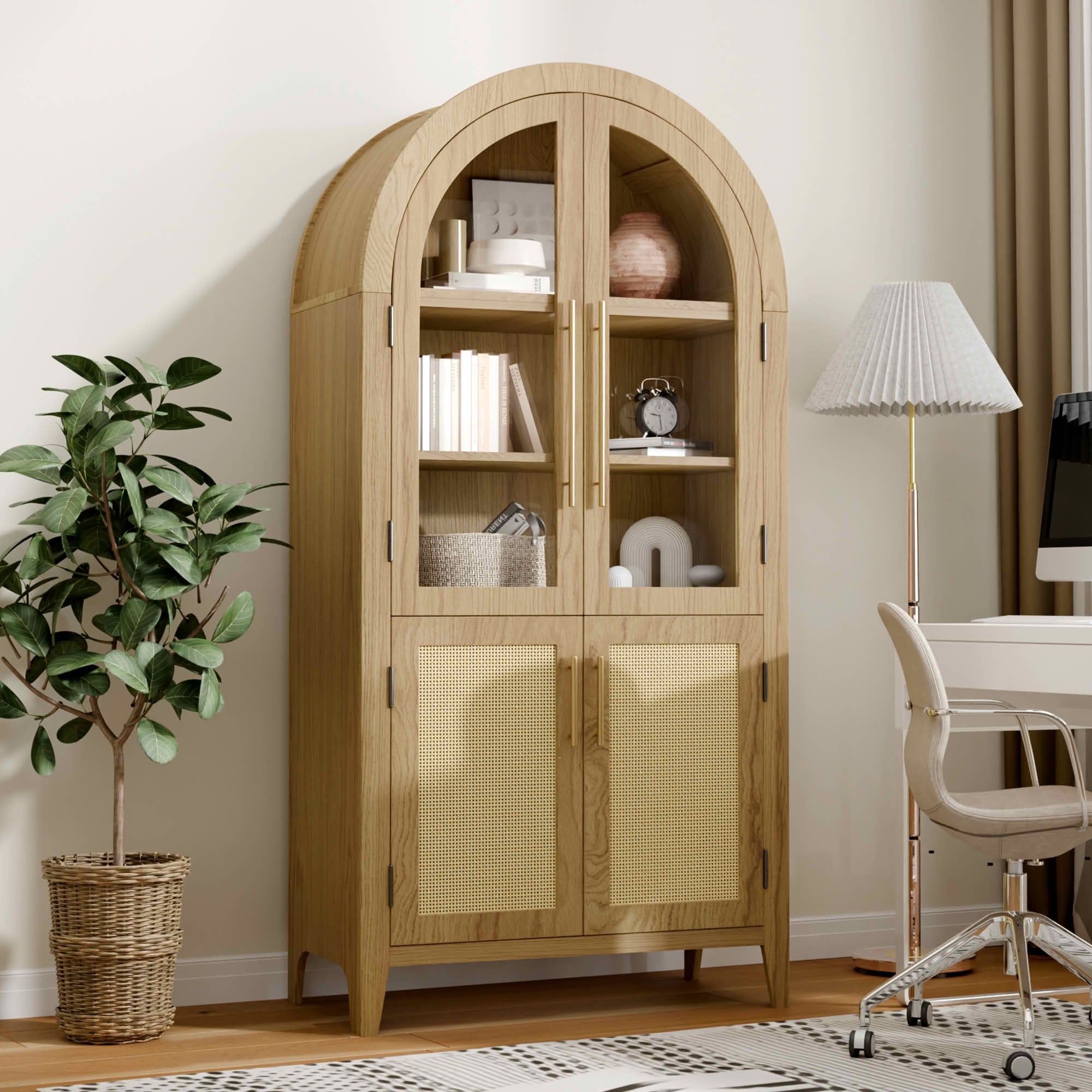 MAYEERTY 63" Oak Arch Cabinet with Glass Doors, for Home Office Living Room