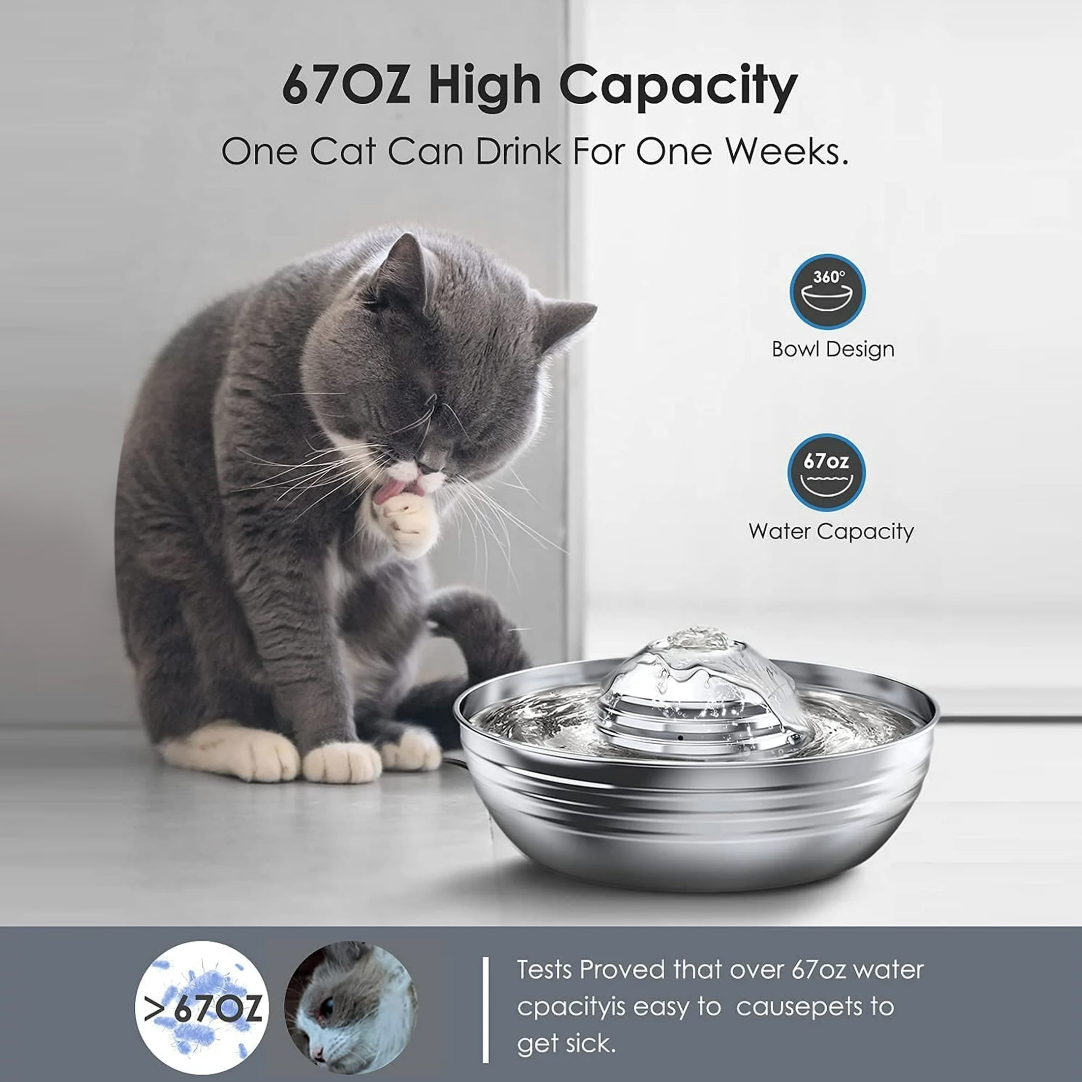 Oneisall CW-03 Cat Water Fountain 304 Stainless Steel, 2L/68oz Quiet Cat Fountain for Cats Drinking, Dual Filtration Cat Water Bowl for Kittens, Silver
