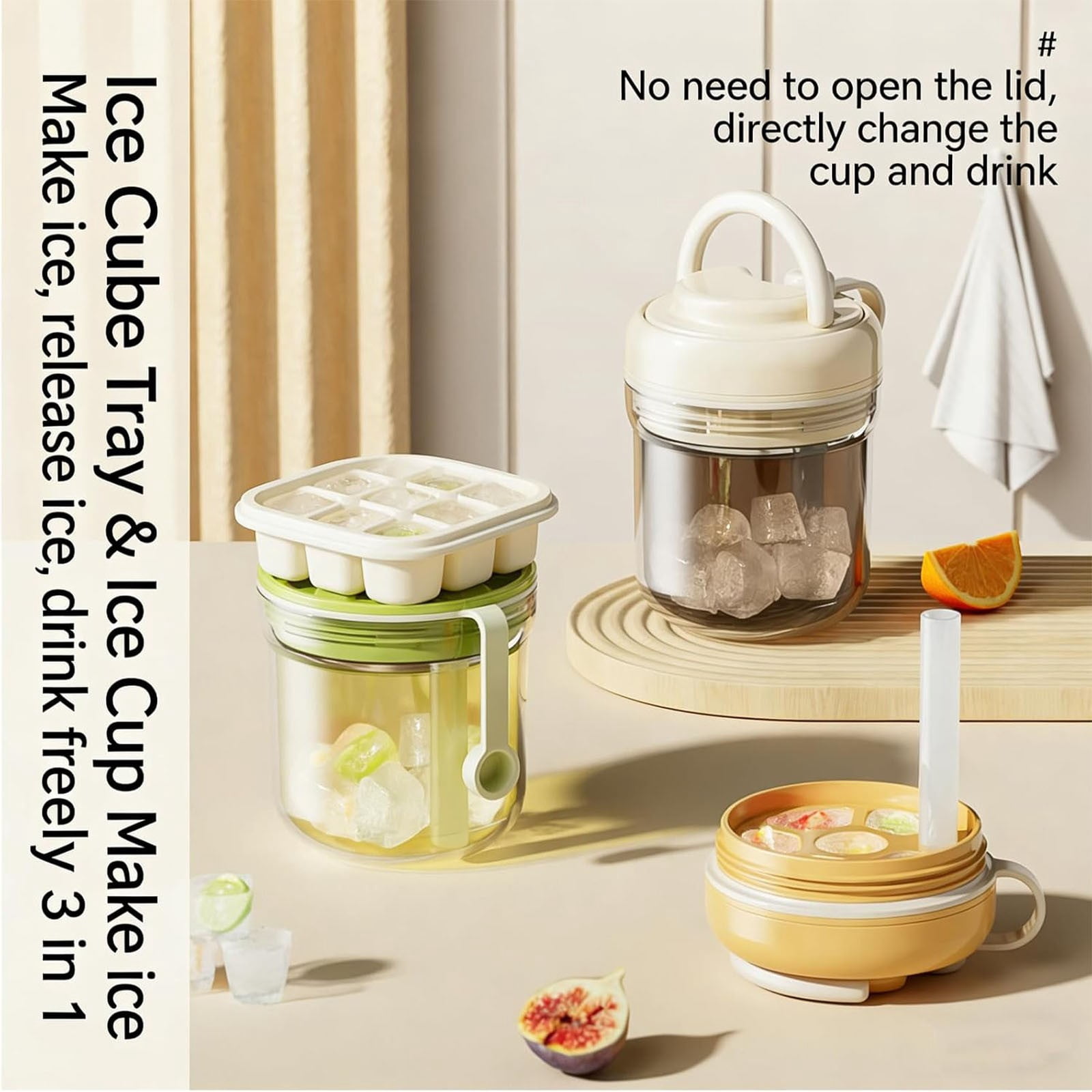 ZFSBZBS 3-in-1 Ice Cube Bottle with Straw - Easy Press Ice Tray Water Bottle, Leak Proof Lid, Vertical Ice Maker for Freezer, Travel, Gym & Home Use (Green, 500ml)