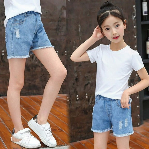 ATOGUTA Girls Stretchy Denim Shorts Ripped Ruffle Hem Elastic Waist Straight Leg Jean Shorts Blue, Size 3-12 Years