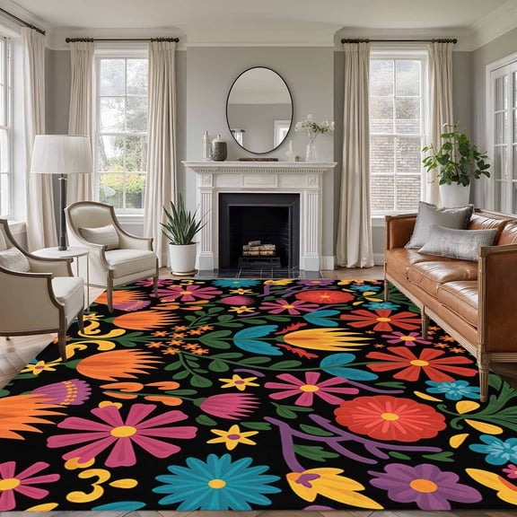 5'x7' Area Rugs for Living Room Bedroom, Colorful Mexico Washable Rug Carpet Runner Indoor Outdoor, Modern Abstract Flowers Leaf Orange Green Non Slip Floor Mats Area Rug for Kitchen, Nursery