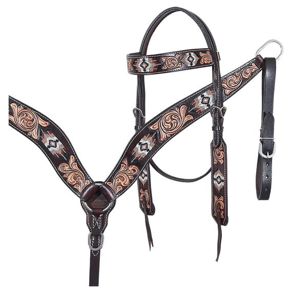 Hilason Horse Floral Hand Carved American Leather Breast Collar Headstall W/ Beaded Work Brown