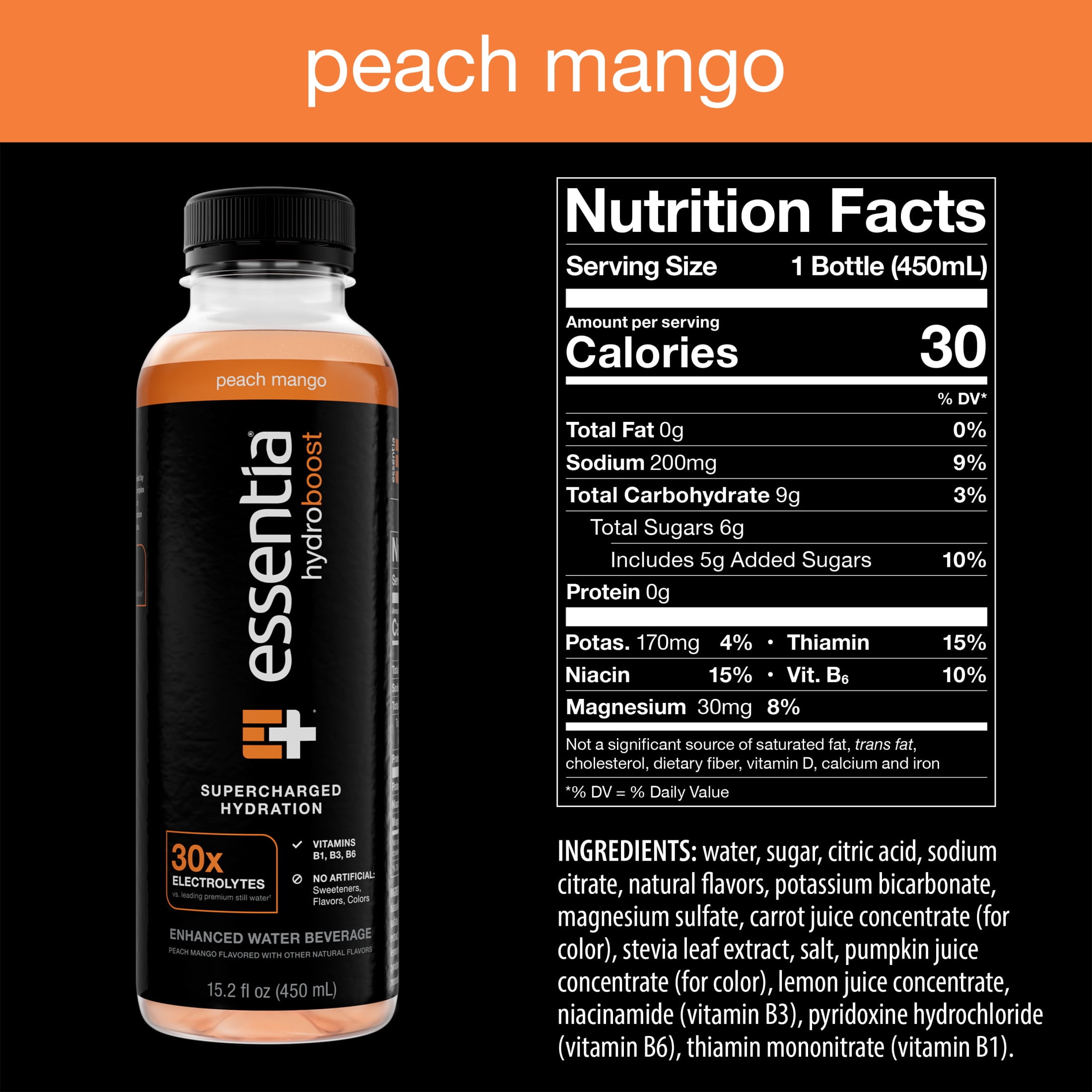 Essentia Hydroboost Enhanced Electrolyte Flavored Bottled Water, Peach Mango, 450 ml, 12 Bottles