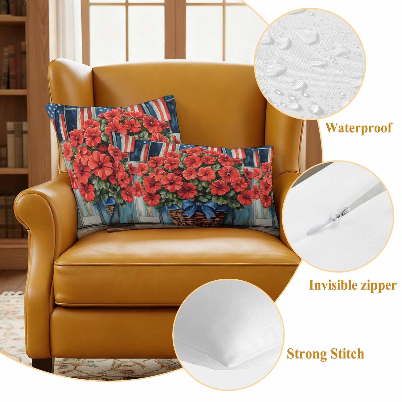 Begonia Flower Pillow Covers 2 Pack American Flag Retro Pillowcase Waterproof Outdoor Throw Pillow Cover for Patio Garden Square Cushion 26”x26”