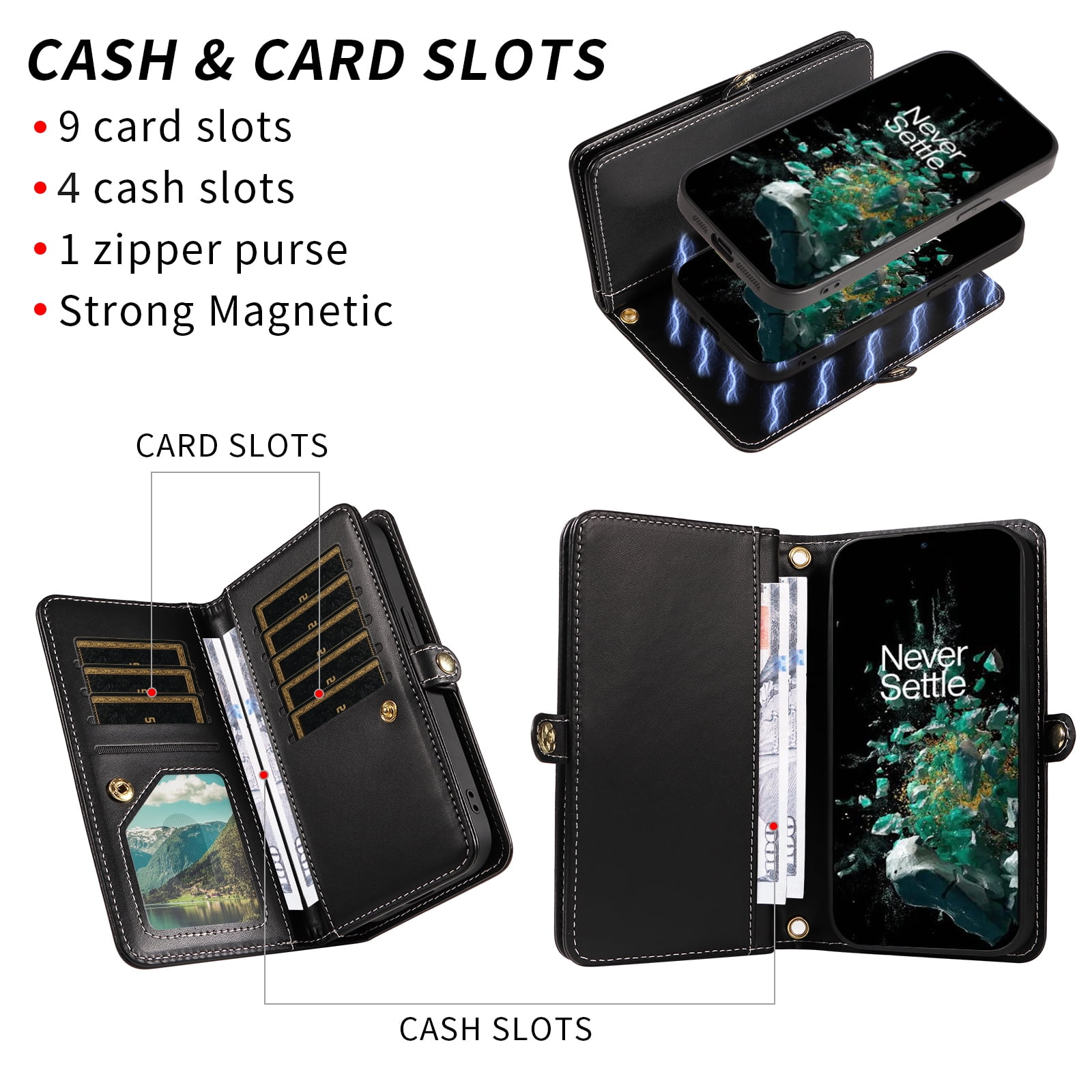 Phone Case for OnePlus 10T 5G/One Plus Ace Pro Zipper Wallet Detachable Cell Cover with Tempered Glass Screen Protector Crossbody Lanyard Strap Bling Glitter Flip Card Holder Slot 1+10T AcePro Black