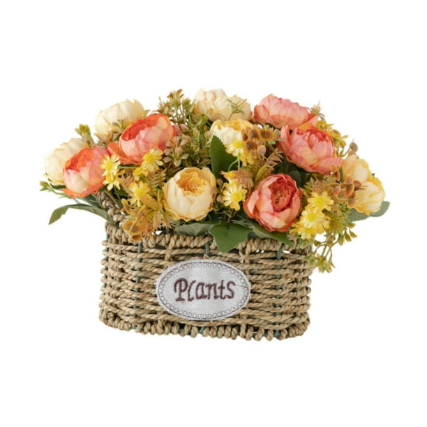 Flores artificiales con cesta para centro de mesa, decoración del hogar, regalo, suministros para fiestas Naranja