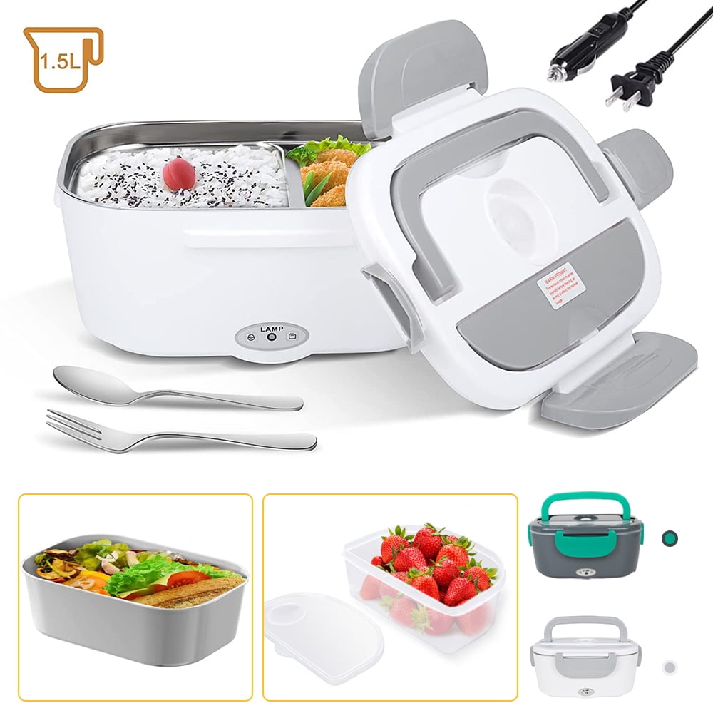 Feoflen 2 in 1 Plug-in Bento box, Electric Heating Bento box for Car, 1.5L Protable Lunch Box with Fork and Spoon, Food Warmer Container, Thickened Sealing Ring Design