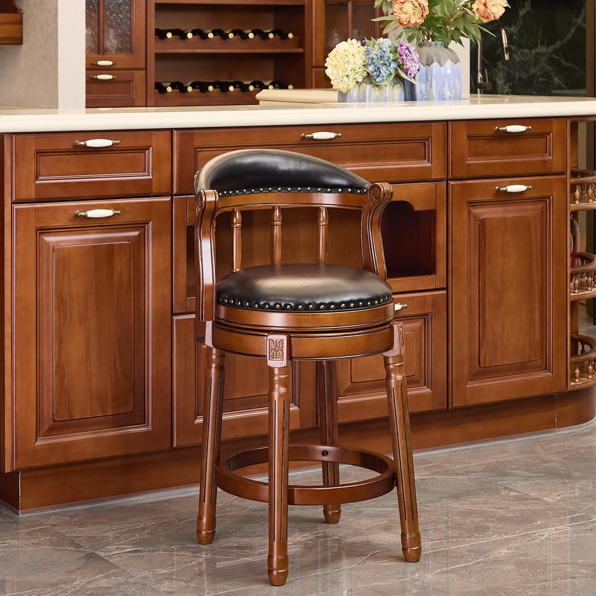 AULIFE Bar Stools Mid-Back Modern Swivel Barstools,Kitchen Counter Genuine Leather Upholstered Island Barstool with Footrest for Home Kitchen Dining Room