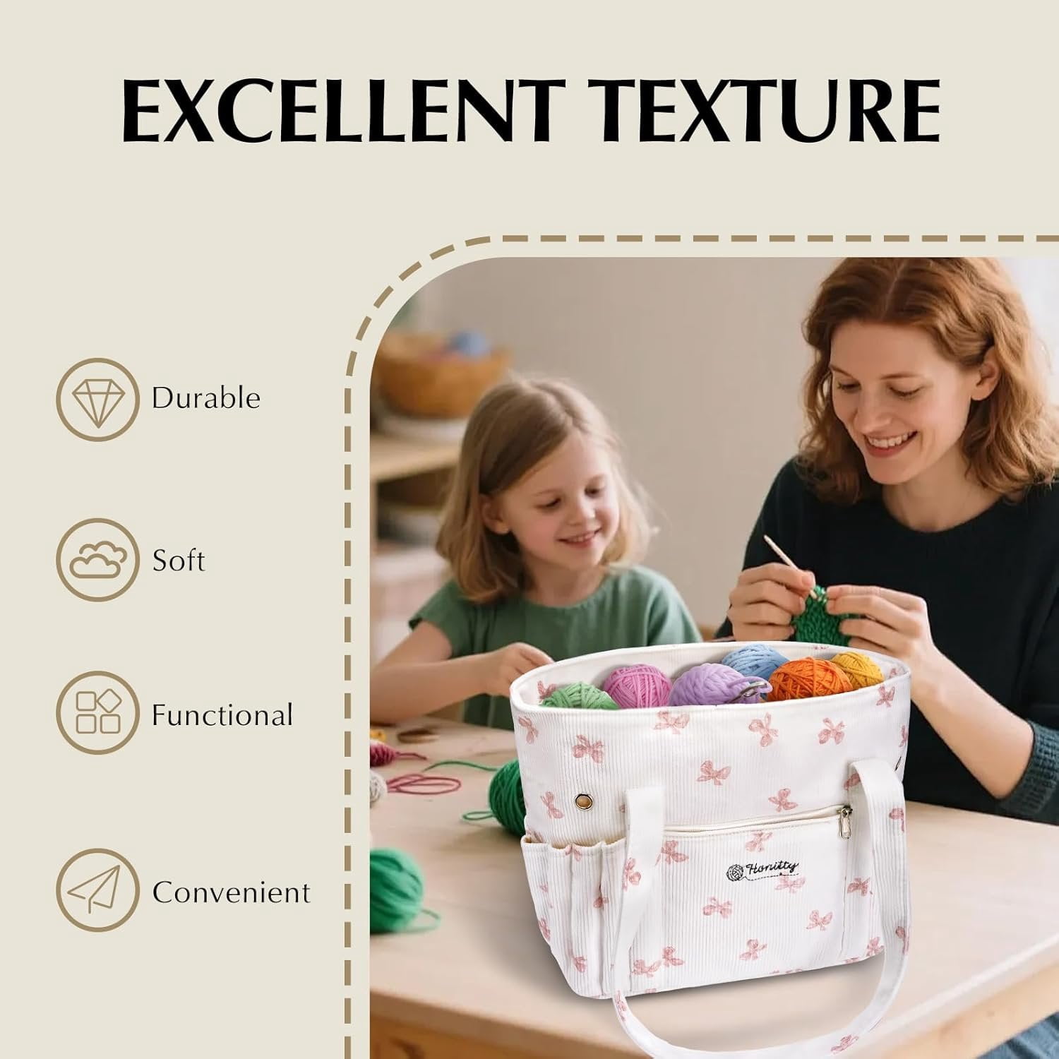 Crochet Bag, Corduroy Tote Bags with  Holders Grommets, Large Capacity Four Compartment Yarn Storage for Women