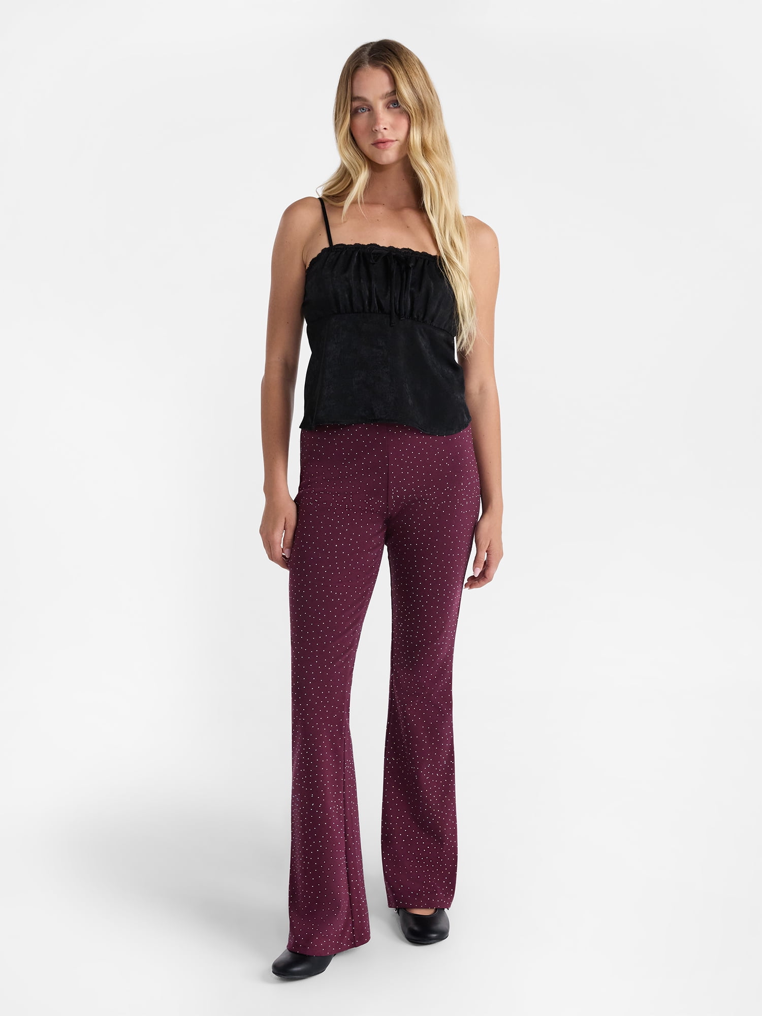 No Boundaries Faux Rhinestone Studded Ribbed Flare Pants, 31'' Inseam, Women's