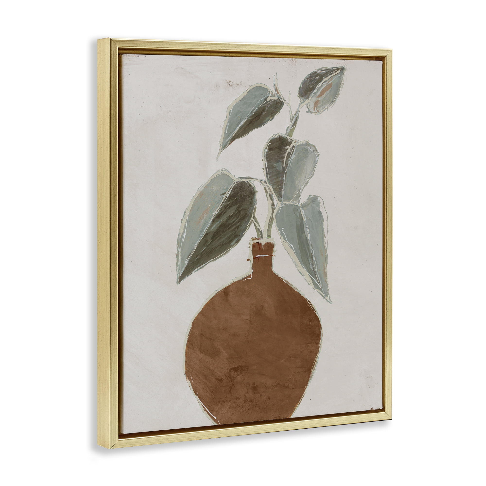 Stupell Industries Natural Tan Greenery Plants & Flowers Painting Gold Floater Framed Canvas Art Print Wall Art, 17 x 21