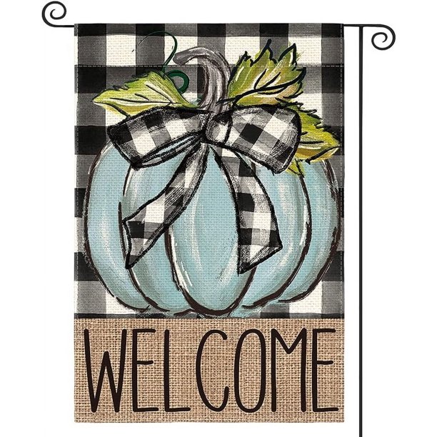 Bandera de jardín de bienvenida con diseño de calabaza y cuadros de búfalo otoñal, de doble cara, de 30 x 45 cm, ideal para decoración de exteriores, para otoño, Acción de Gracias y cosecha.