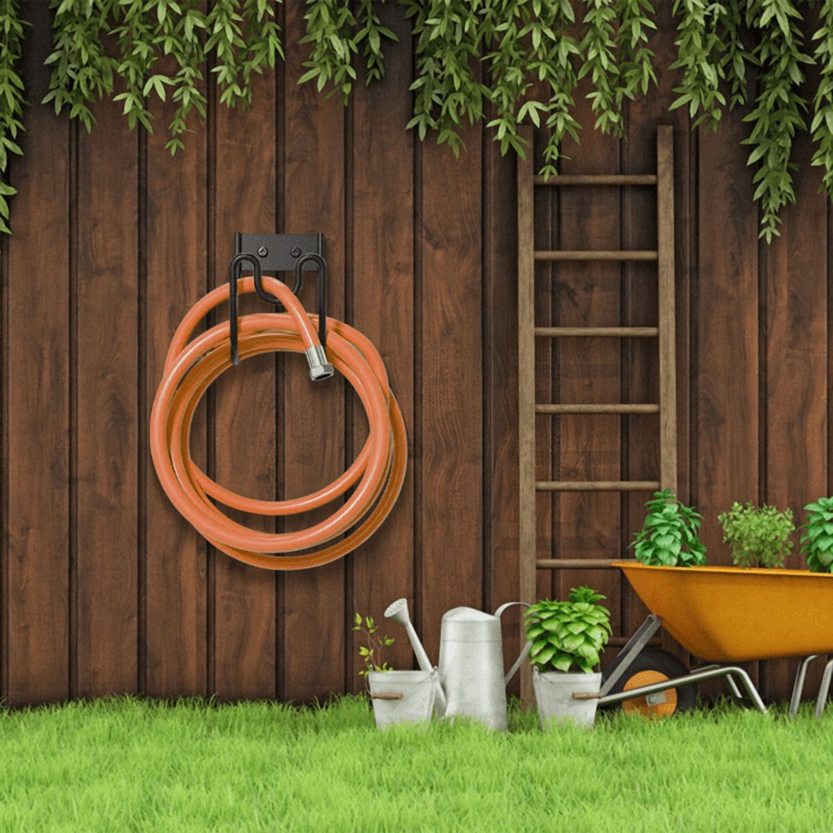 2PCS Wall Mount Garden Hose Holder, 304 Stainless Steel Hose Hanger with U‑Shaped Nozzle Slot, Holds Up to 150ft 1/2‑Inch Hose for Yard, Patio & Outdoor Organization