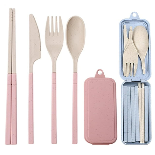 Collapsible Reusable Utensils Set with Portable Case,Wheat Straw Portable Utensils Include Spoon Knife Forks Chopsticks,Portable Cutlery for Travel Picnic Camping,1Pieces