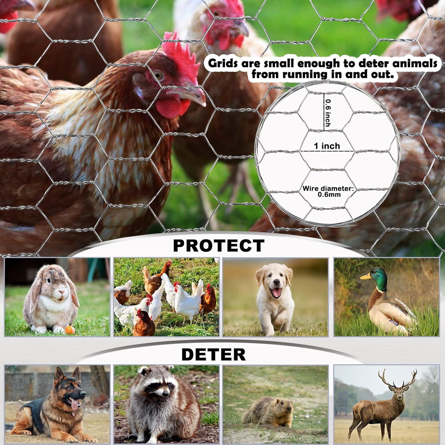 Chicken Wire Fencing Mesh, 16.9 Inch x 40 Feet Metal Floral Fence for Crafts Poultry Garden, 0.6 Hexagonal Galvanized Hardware Cloth Netting Coop Barrier Rabbit Cage