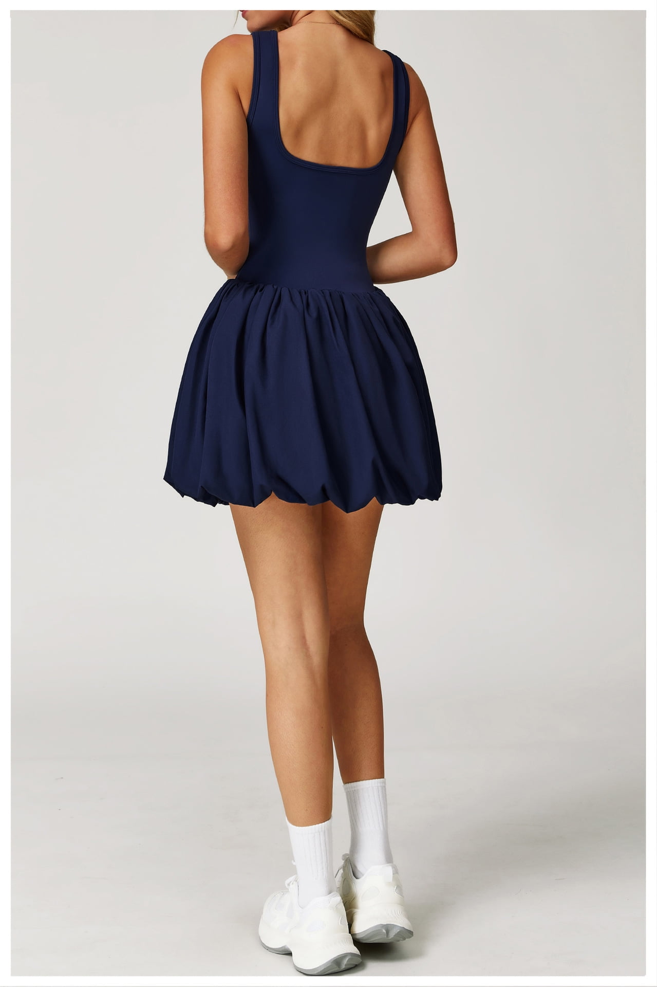 PISONIC Womens Tennis Golf Dress with Built-in Bra Shorts Backless Square Neck Mini Puffy Skirt Athletic Dresses with Pockets
