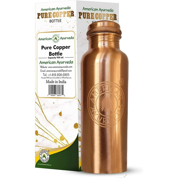 100 Pure Copper Water Bottle Joint Free, Leak Proof, Tumbler, Flask, Yoga, Health Benefits, Natural Alkaline Water, 600ml/20 Oz by American Ayurveda