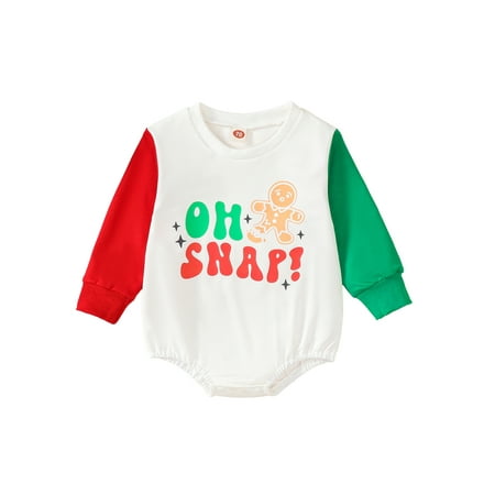 

Baby Girls Boys Christmas Romper Long Sleeve Crewneck Letter Print Contrast Color Jumpsuit