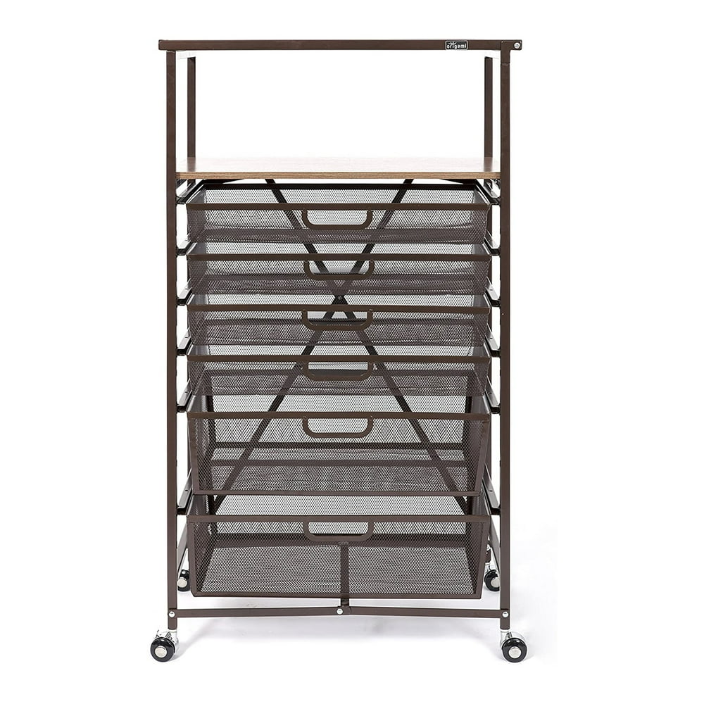Origami CC6Bronze Folding Storage Shelf Rolling Cart with Mesh Drawers