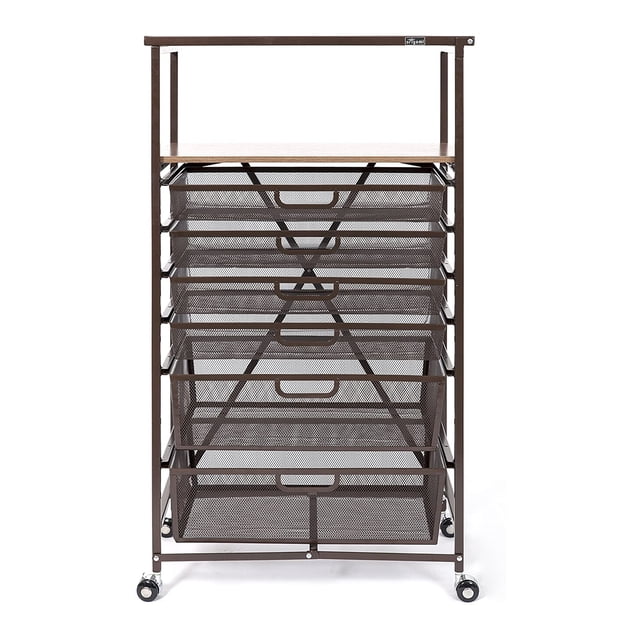 Origami CC6-Bronze Folding Storage Shelf Rolling Cart with Mesh Drawers, Bronze
