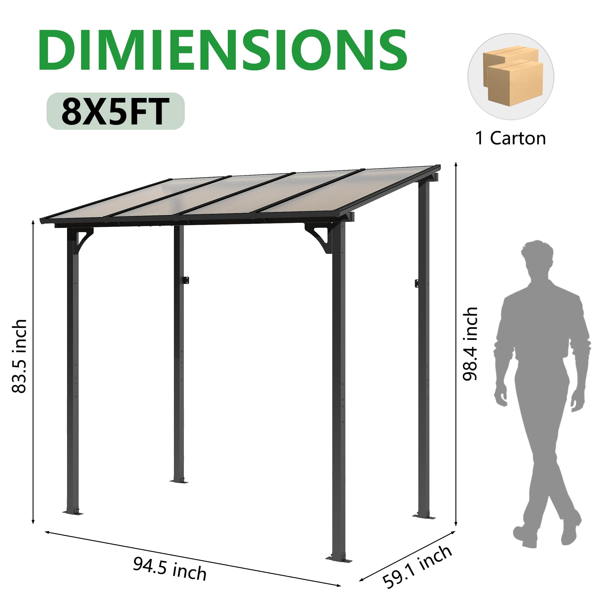ALAULM 5 FT x 8 FT Pergola, Lean to Gazebo with Ground Anchor Sturdy Structure, Outdoor Gazebo with Sloped Roof, Galvanized Steel Metal Pergola, Wall Mounted Gazebo for Backyard Deck Tawny