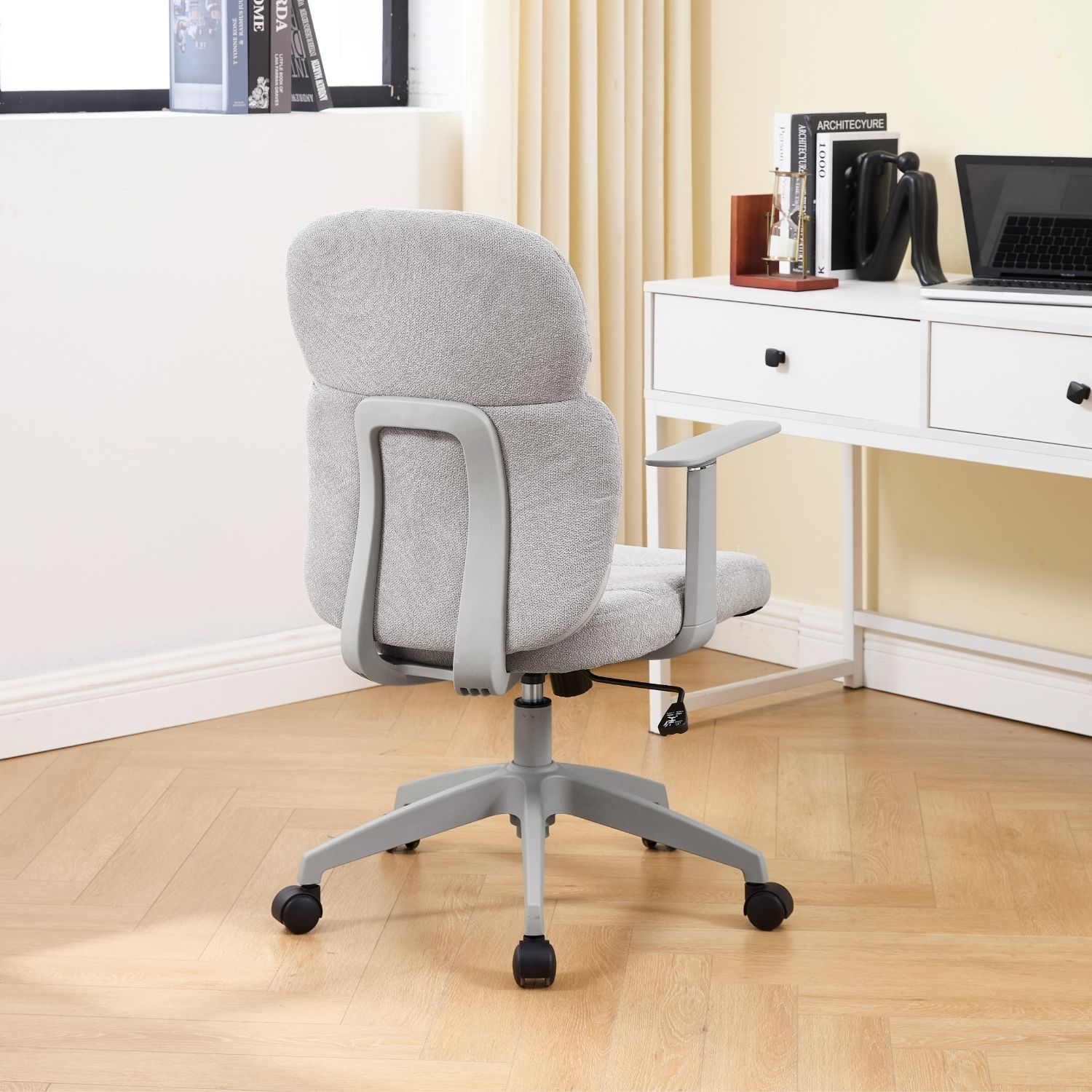 Dayalane Modern Adjustable Office Chair, Swivel Fabric Ergonomic Task Chair with Armrests, 90-120° Tilt Function and Wide Cushion Desk Chair for Home/Bedroom/Study/Office/Conference Room, Beige
