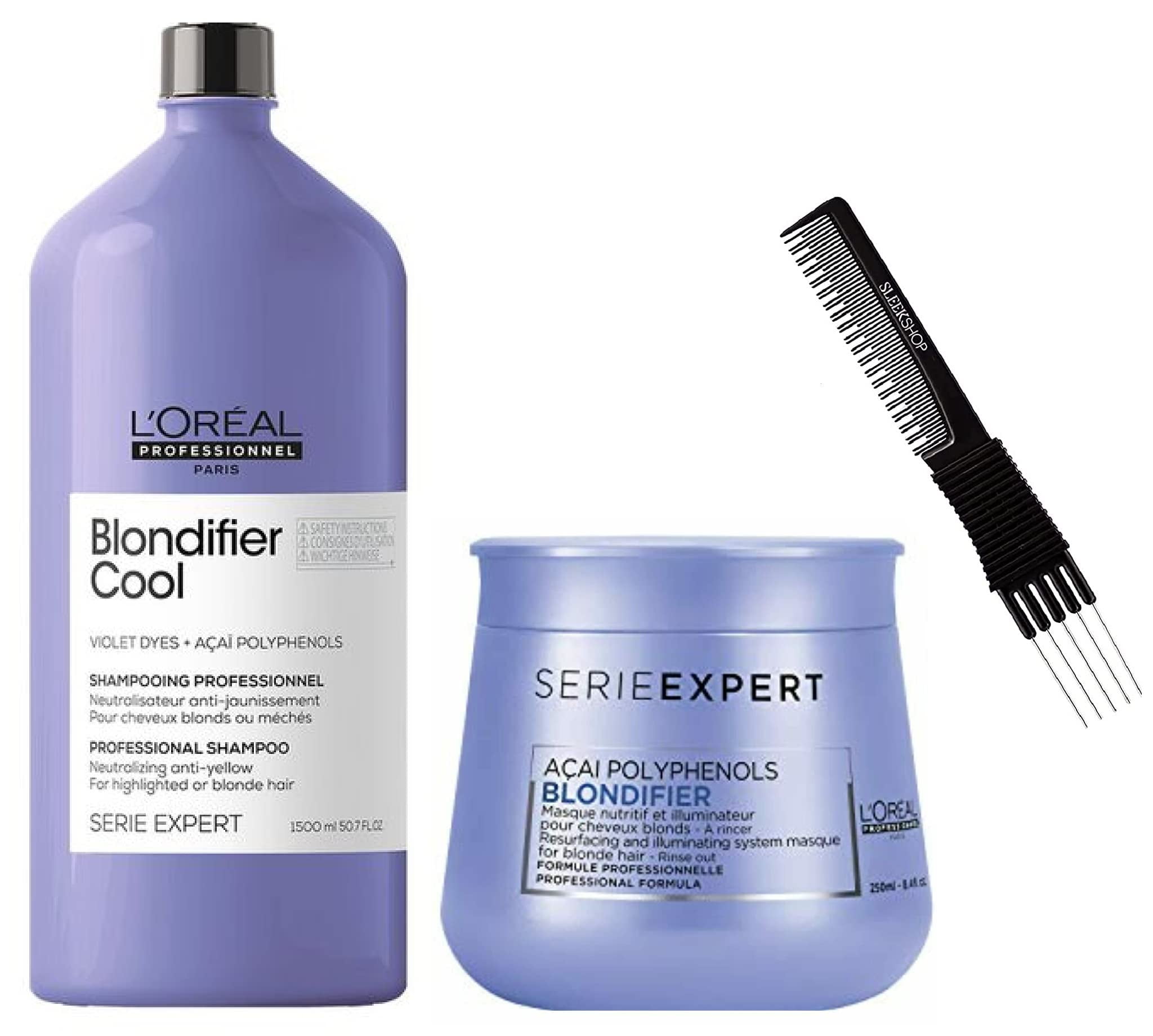 L'oreal SERIE EXPERT Blondifier COOL Neutralizing Anti-Yellow Shampoo & Mask  DUO SET for Blonde Hair Masque (w/ Sleek Loreal Teasing Comb) (BLONDIFIER  COOL Mask DUO  oz +  oz) 