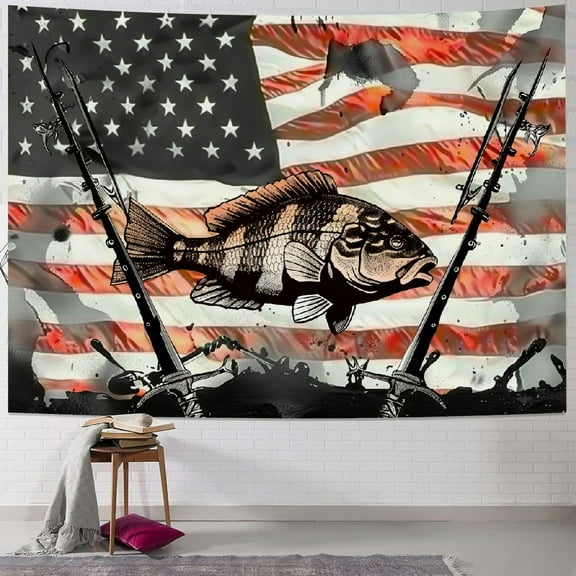 JRXY Country American Flag Fishing Tapestry, Rustic Hunting Camo Bass Fish Lake Black and White Tapestry Wall Hanging for Men Bedroom, Cabin Tapestries Poster College Dorm Home Decor Painting