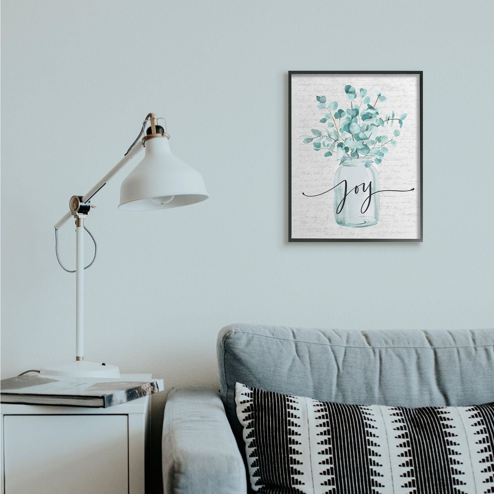 Stupell Industries Aqua Blue Plant Leaves In Jar Joy Text Design Framed Wall Art Design by Lettered and Lined, 16" x 20", Black Framed
