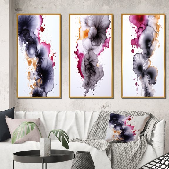 Designart "Fluidity Delicate Magenta and Gold Ink Clouds V" Abstract Painting Framed Wall Art Set Of 3 - Blue Modern Frame Canvas Set For Living Room Decor