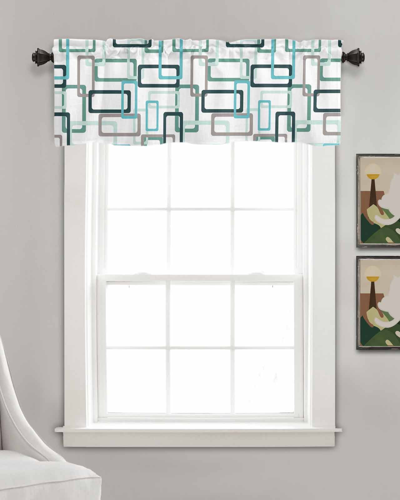 Aqua Green Linen Curtain Valance for Bedroom/Bathroom/Kitchen/Office/Living/Dining Room Windows, Geometric Black Grey Simple White Rod Pocket Topper Decorative Cafe Drapes Panel 54"x18"