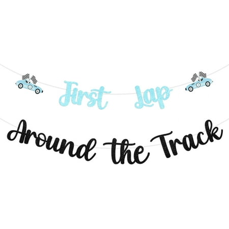First Lap Around The Track Birthday Banner - Boy’s Retro Race Car 1st Birthday Decorations, Fast One Cars Theme Checkered Flag Party supplies