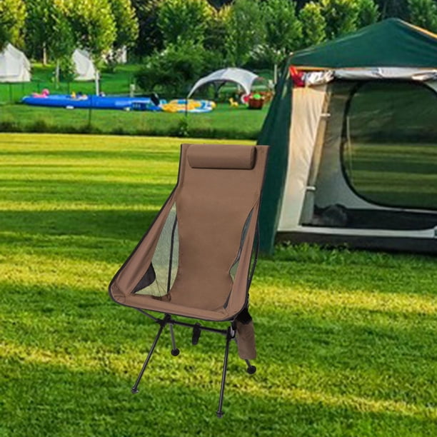 Silla plegable para acampar, silla de playa portátil con bolsa de almacenamiento, silla de pesca plegable ligera con reposacabezas para senderismo en Café