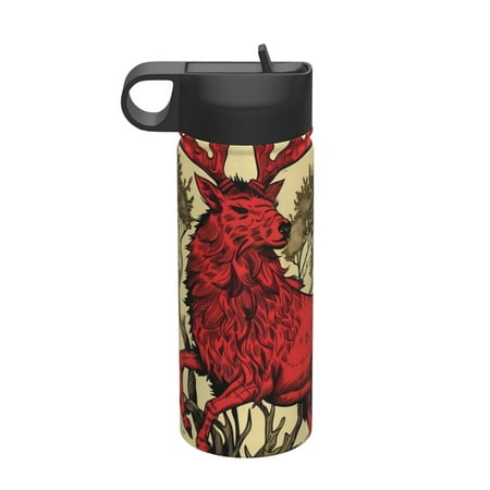 

Salouo Mythical Red Stag Illustration Pattern 18 oz Water Bottle With Straw Stainless Steel Sports Water Cup Flask Wide Mouth Travel Thermal Mug for Home Office Car