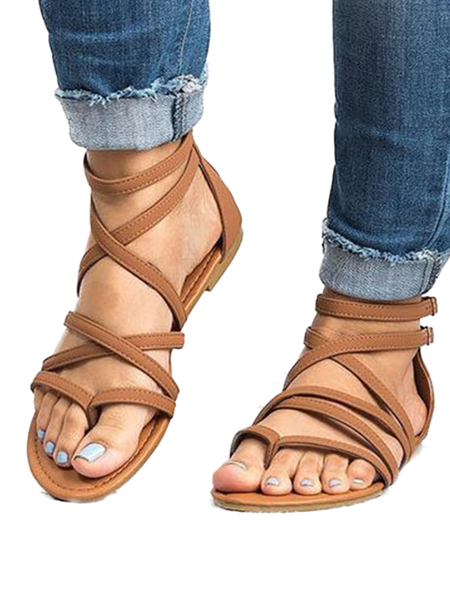 Women Sandals Flats Heels Gladiator Clip Toe Holiday Summer Zip Buckle Shoes D