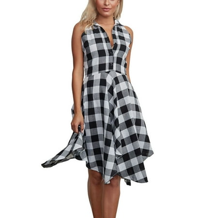 - Plaid Pattern Women Sleeveless Turn-down Collar Irregular Dress