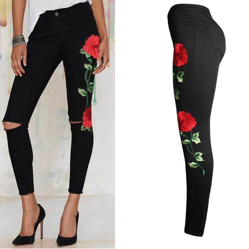 rose embroidered jeans womens