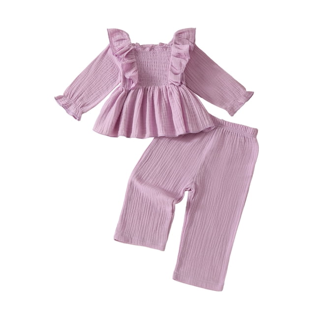 Odeerbi 6M-5Y Niñas Algodón Conjuntos Ruffle Manga Larga Tops Pantalones Dos Piezas