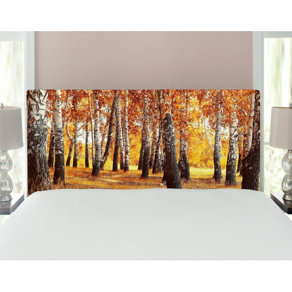 Woodland Headboard, Jungle in Fall with Yellow Birches and Dry Herb Autumn Leaves Warm Weather Photo, Upholstered Decorative Metal Bed Headboard with Memory Foam, Full Size, Orange Brown, by Ambesonne