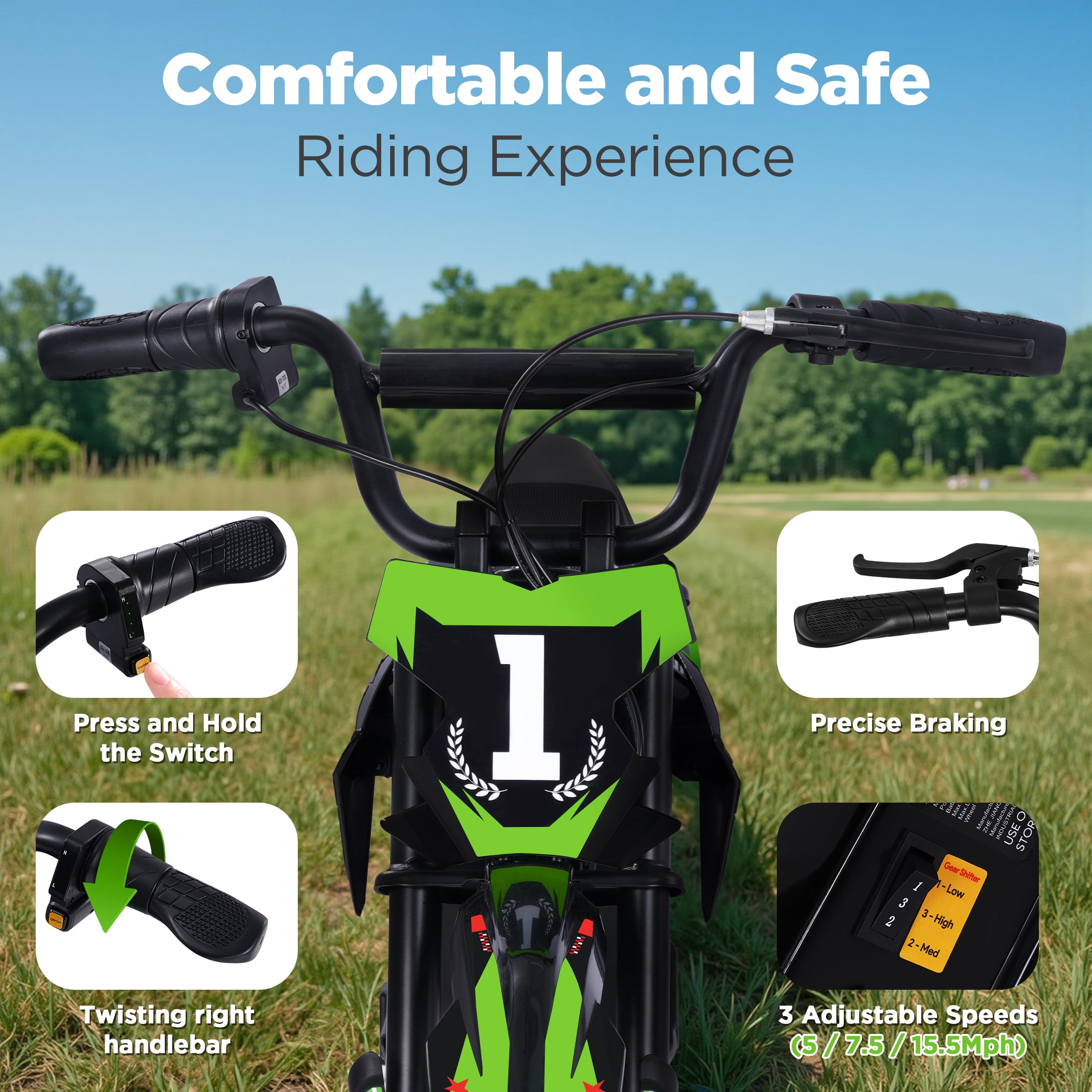 Wisairt 36V Kids Electric Dirt Bike, 15.5 mph High-Speed Electric Motorcycle Ride on Dirt Bike for Kids Aged 5-10, 133 lbs Max Load, 10-mile Range, Waterproof Seat, Twist Grip Throttle, Green