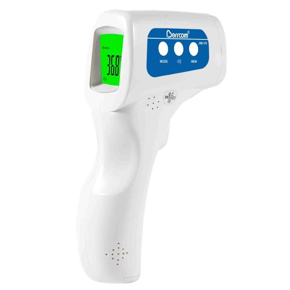 Berrcom No-Contact Infrared Forehead Thermometer Medical Grade Baby Fever Check Thermometer 4 in 1 Multifunctional Fever Alarm Memory Recall for Kids Infant Adult with FDA and CE