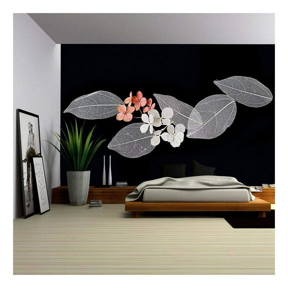 wall26 - Lace Leaves on Black Background - Removable Wall Mural | Self-Adhesive Large Wallpaper - 66x96 inches