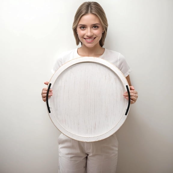 18Inch White Wooden Beaded Serving Tray with Handle Decorative Rustic Whitewashed Round Tray for Coffee Table Farmhouse Kitchen Living Room Bedroom