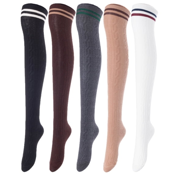 Lovely Annie Big Girl's Women's 5 Pairs Over Knee High Thigh High Cotton Boot Socks Size 6-9(Black, Coffee, Dark Grey, Khaki, White) 5c1