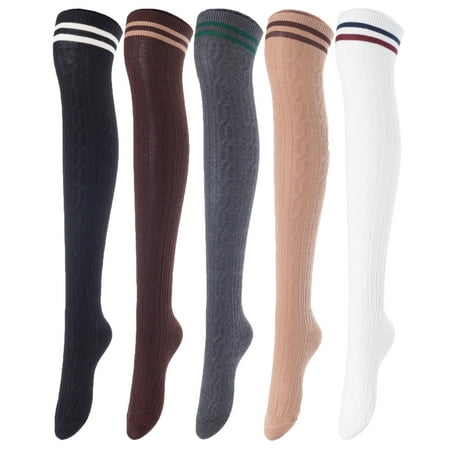 

Lovely Annie Big Girl s Women s 5 Pairs Incredible Durable Super Soft Unique Over Knee High Thigh High Cotton Socks Size 5-9 A1023(Blk Cof DG Kaki Wite)