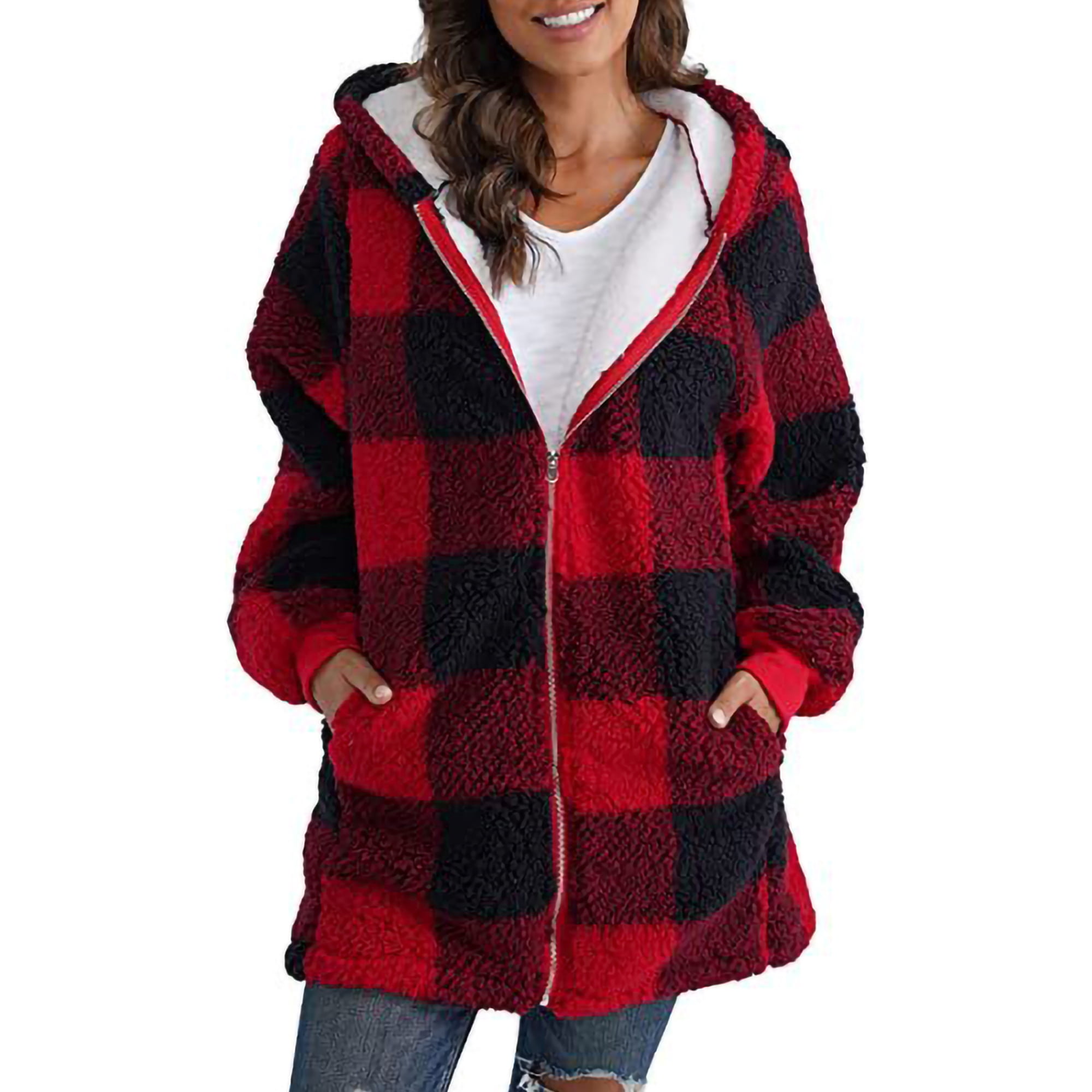 Innerwin Hoodies Jacket Hooded Women Fleece Fuzzy Jackets Work Plaid Loose Sherpa Coat Red 3XL Walmart