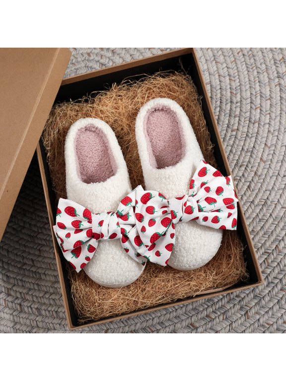 Women's Strawberry Bow Fuzzy House Slippers - Thick Plush Winter Indoor Shoes (TEMU Ready)